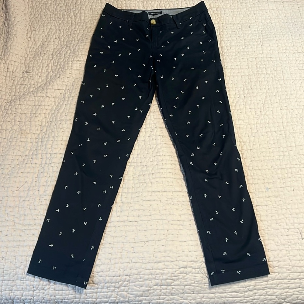 navy blue chino pants with white anchor design